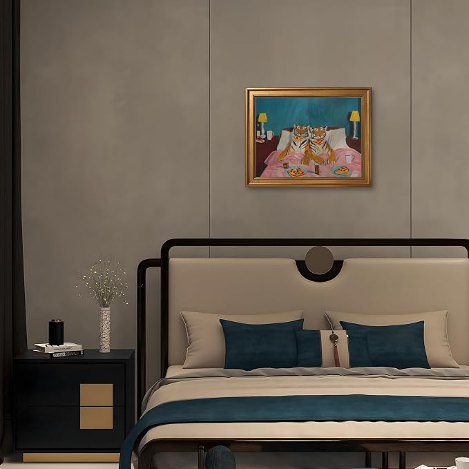 Funny Tiger Eating Pizza in Bed Wall Art Print Trendy Whimsical Dopamine Tigers Couple Poster Maximalist Eclectic Wild Animal Painting Retro Pop Love Jungle Decor for Room 24x36inch Golden frame