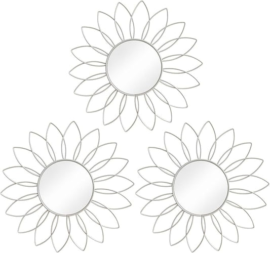 3 Pack Metal Mirrors for Wall Sunburst Wall Mirrors Home Décor Decorative Hanging Wall Art for Living Room Bedroom Entryway (White, Flowers)