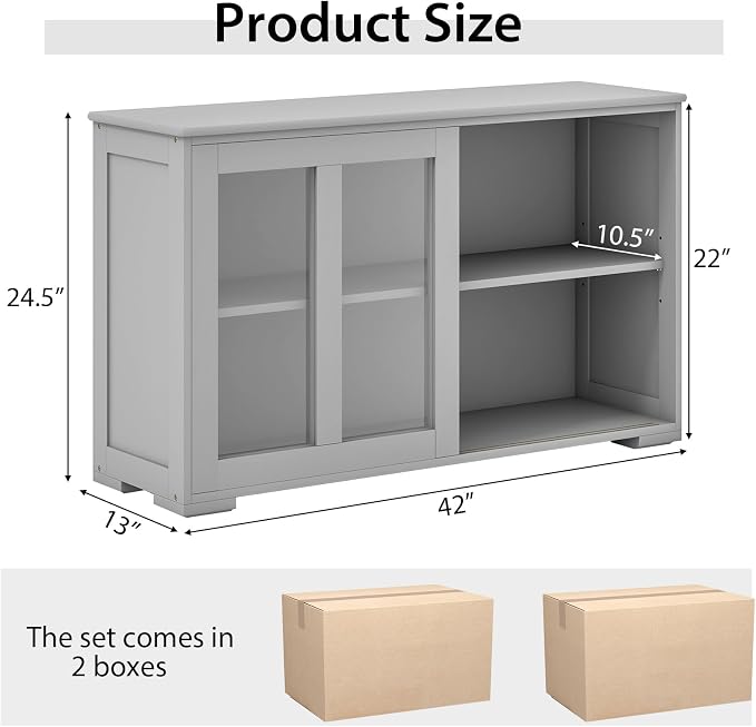Byroce Sideboard Buffet Cabinet, Stackable Storage Coffee Bar Cabinet with Adjustable Shelf & Glass Sliding Doors, Wood Cupboard Credenza Console Table for Kitchen Dining Living Room (2, Grey)