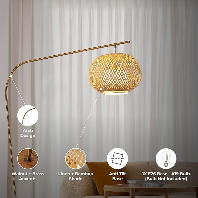 FOS - Modern Bohemian Chic Arch Floor Lamp with Woven Bamboo + Linen Shade - Brushed Brass Finish, Ambient Home Lighting in Living Room, Bedroom, Study, Nursery