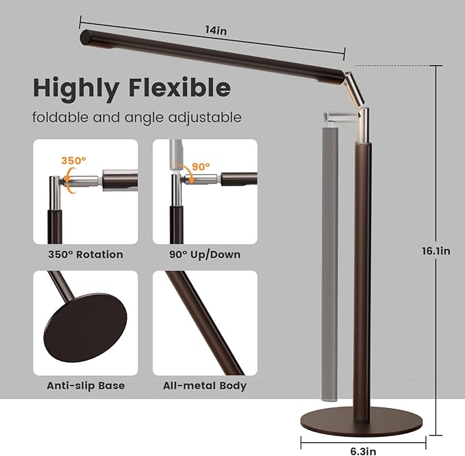 Brown LED Desk Lamp - 16" Foldable Metal Desk Light with Base, 15W, 1200LM, Dimmable Color Changing Table Lamp for Reading Study, Modern Table Lamp for Home Office Laptop College Dorm