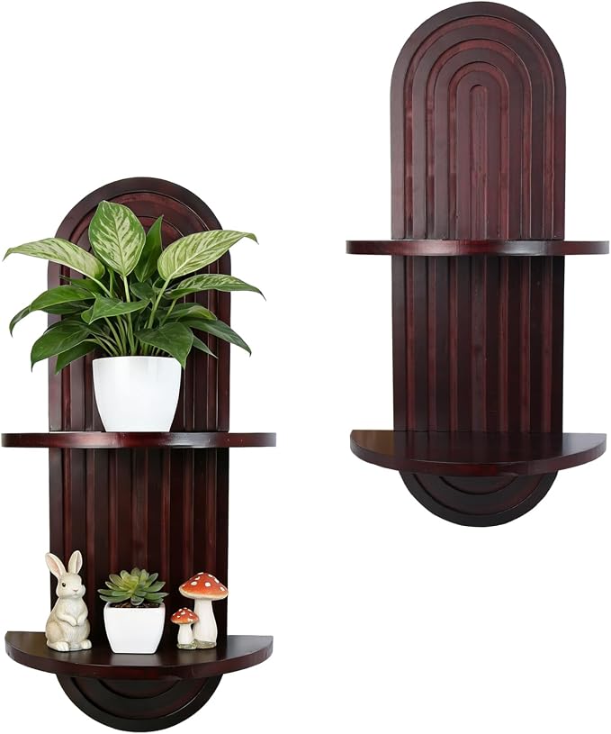 Plant Wall Shelves with Arched Wooden Design, Mid Century Modern Decor Floating Shelf Set of 2 - Boho Wall Decor for Indoor Plants Living Room Bathroom Office, 23.6 x 11.8 Inches