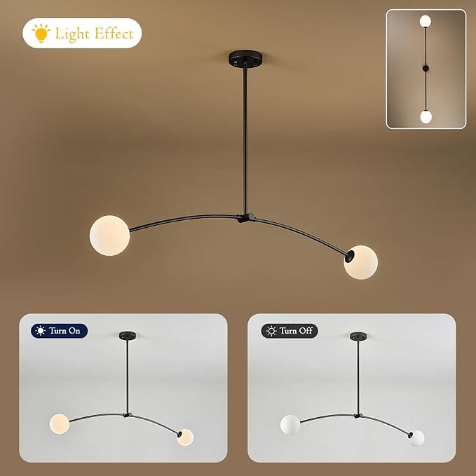 Mid Century Black Sputnik Chandelier Contemporary L45” 2 Lights Milk Glass Globe Ceiling Pendant Lighting Fixture for Kitchen Island Dining Room Home Office Bar
