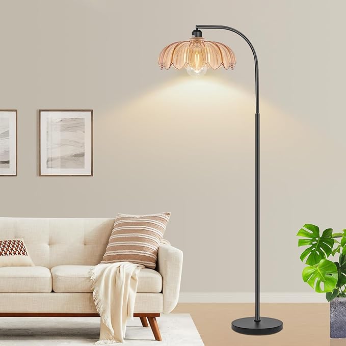 Black Floor Lamp for Living Room,Bedroom,Mid Century Modern Standing Lamp with Remote,Dimmable Brass Tall Lamp Amber Glass Lamp Vintage Retro Arc Floor Lamps Flower Floor Light Boho Bohemian