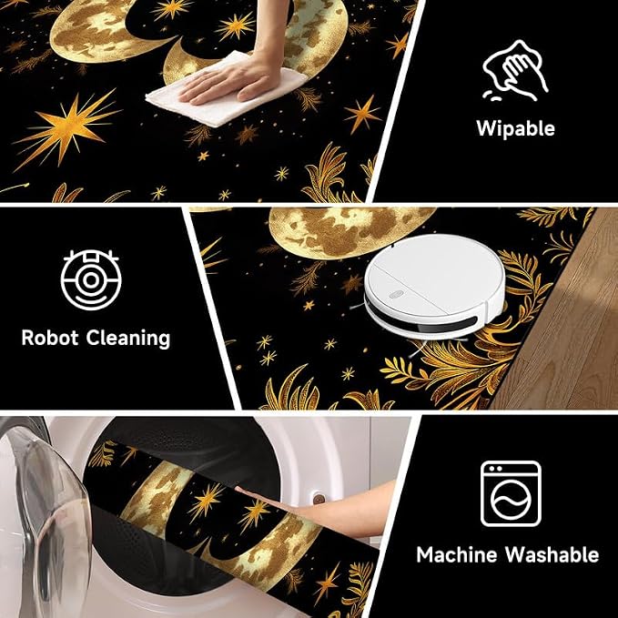 Sun Moon Star Area Rug 4'x6' Golden Boho Carpet Non-Slip Washable Low Pile Floor Mat for Bedroom Living Room Nursery Playroom Classroom Home Decor