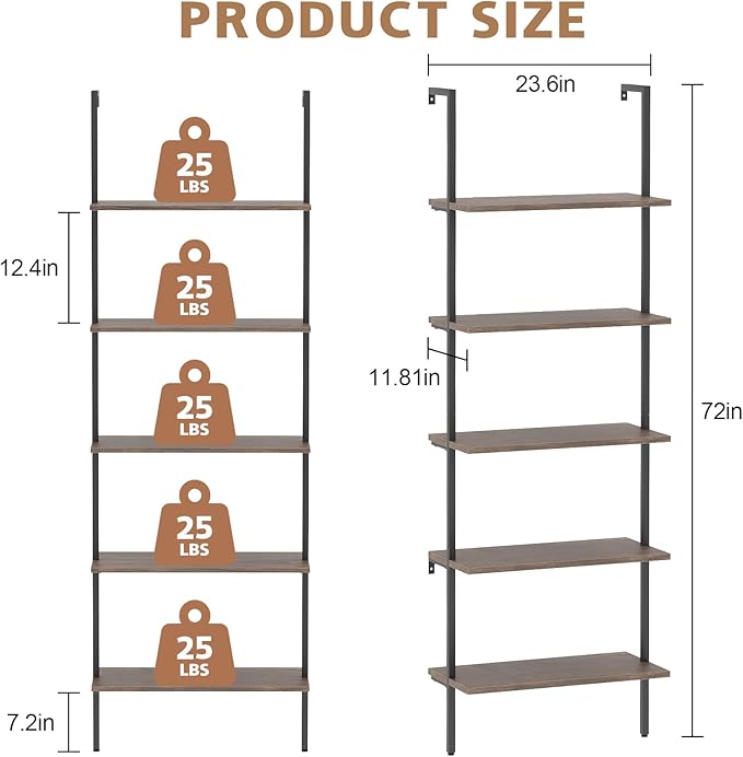 Wolawu 5 Tiers Ladder Shelf Brown Modern Bookshelf Open Tall Wall Mount Bookcase Standing Leaning Wall Shelves Industrial Decorative Living Room Bed Room