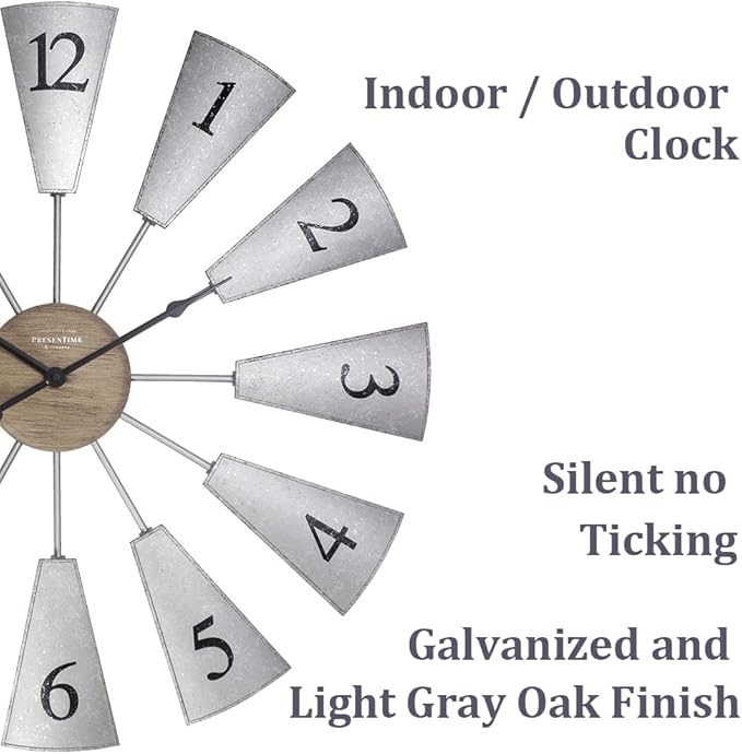 Presentime & Co. 24" Lorenzo Farmhouse DIY Windmill Clock, Indoor/Outdoor Clock, Silent no Ticking, Wall Décor, Wall Art and Timepiece for Home Decoration, Galvanized and Light Gray Oak Finish