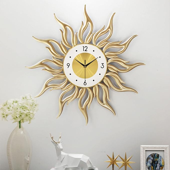 Large Sunburst Wall Clocks for Living Room Fashion Metal 3D Art Flame Design Silent Non Ticking Quartz Clock Creativity Wall Watches Gold 60CM