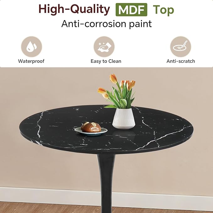 Round Dining Table 27.5" Faux Marble Black Tulip Table with Pedestal Base for 2-4 People Small Space - Kitchen Living Room Cafe