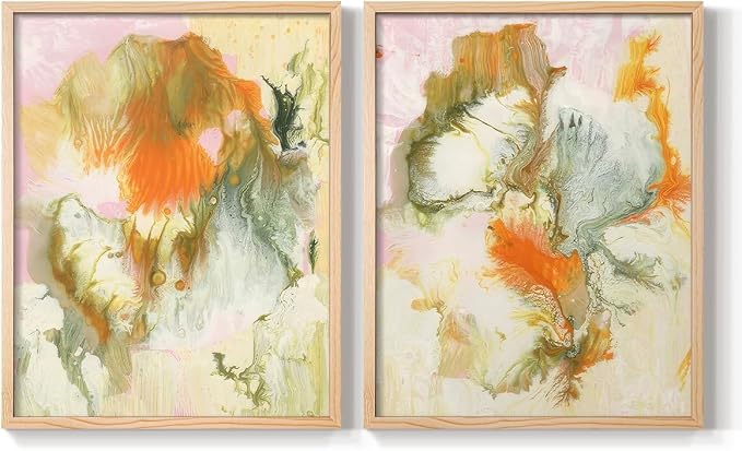 Renditions Gallery Set of 2 Peel & Stick Framed Prints, Modern Abstract Wall Art, Mix Color Oil Paint Design Wall Decor, Re-Stickable - Ready to Hang - 22"x28" - NATURAL WOOD Frame LT588