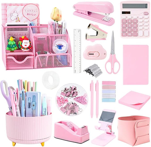 Pink Desk Organizers and Accessories with Desk Organizer 360° Rotating Pen Holder and Office Supplies, 19Pcs Cute Stationery Supplies Set