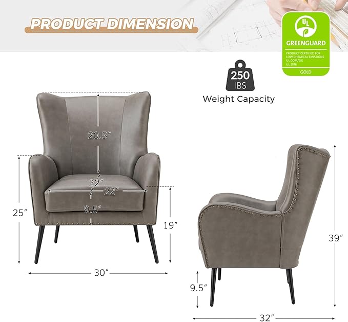HULALA HOME Faux Leather Accent Chair with Removable Cushion, Comfy Upholstered Armchair with Black Metal Legs & Nailhead Trim Wingback Vanity Chair for Reading Living Room Bedroom, Grey
