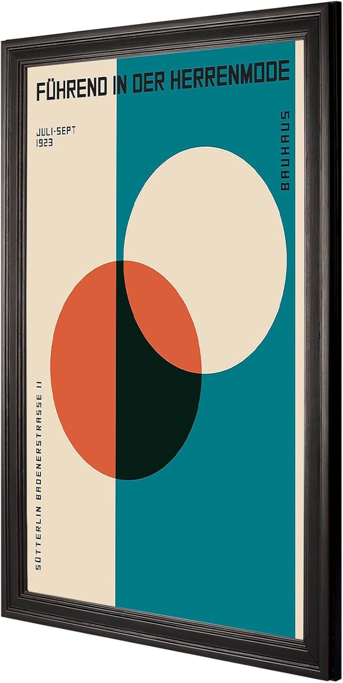 LZMXWX Vintage FüHrend In Der Herrenmode German Text Poster Geometric Orange Circle Canvas Wall Art Bauhaus 1923 Exhibition Prints For Home Bedroom Dorm Wall Decor 16x24in Black Framed Raised