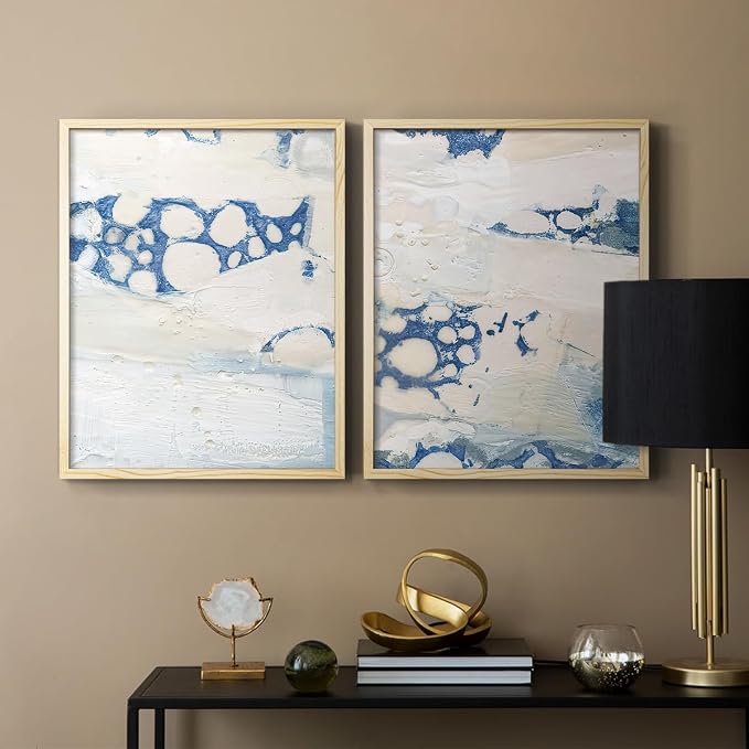 Renditions Gallery Set of 2 Peel & Stick Framed Prints, Textured Abstract Wall Art, Beach Themed Bubble Design Wall Decor, Re-Stickable - Ready to Hang - 11"x14" - NATURAL WOOD Frame LT588