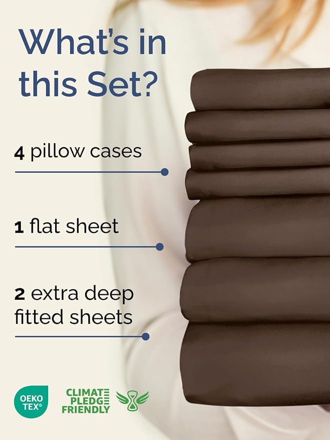 Extra Deep Split King Sheet Set - 7 Piece Breathable and Cooling Sheets - Hotel Luxury Bedding for Women, Men, Kids & Teens - Easy Secure Fit - Soft, Wrinkle Free & Comfy - Extra Deep Pockets - Brown