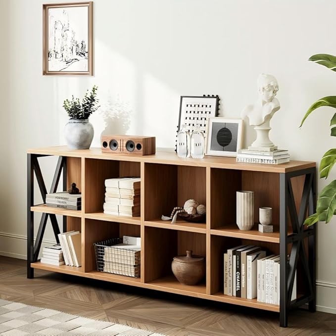 63" 8 Cube Horizontal Bookshelf Long Bookshelf Wood Cube Storage Organizer Rustic Wood Cubby Bookcase for Living Room Walnut