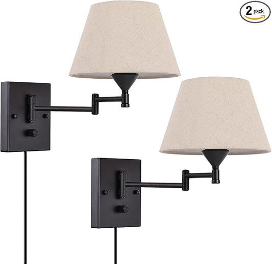 Pauwer Plug in Wall Sconce Set of 2 Swing Arm Wall Lamp with Plug in Cord and Fabric Shade Wall Light Fixtures for Hallway Bedroom Living Room (Beige Shade)