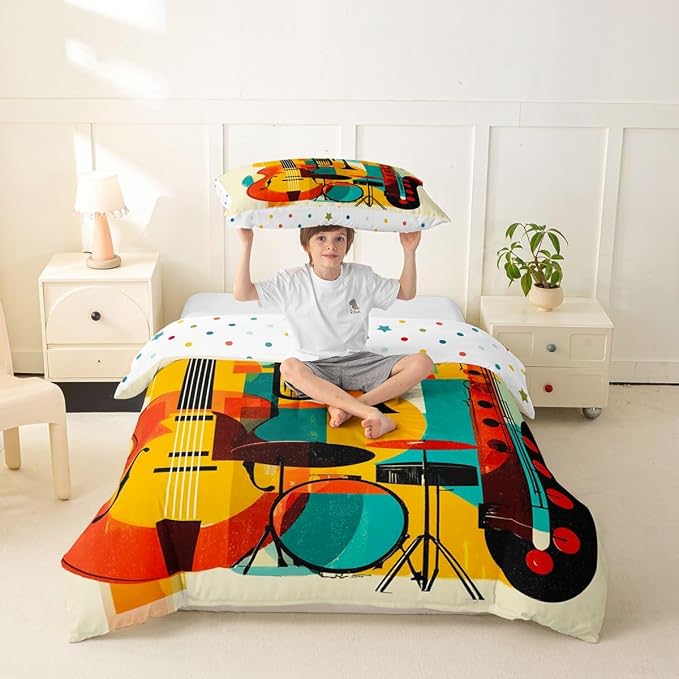 Erosebridal Retro Music Bedding Set Twin for Kids Adults - Abstract Musical Instrument Duvet Cover Mid Century Modern Jazz Comforter Cover,Trendy Geometric Square Bed Set