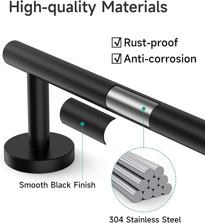 USHOWER 2-Pack Matte Black Towel Bar, 24-Inch Towel Racks for Bathroom Wall-Mounted, SUS304 Stainless Steel Towel Rod (Total Length 26-Inch)