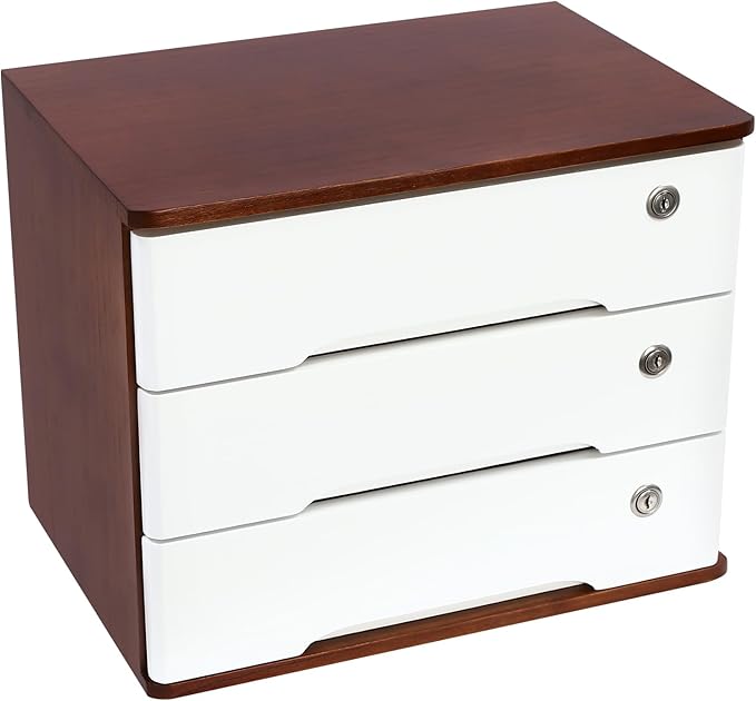 Desktop File Organizer with Lock, 2/3/4 Tier Multi-Drawer Wooden Storage Cabinet, Office Supply Organizer for Home Desk, Study & Workplace (Wine Red + White, 3 Layers)