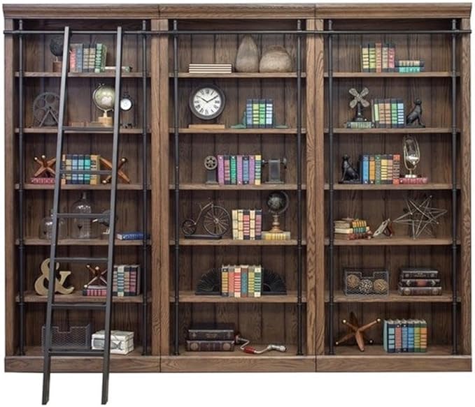 Martin Furniture 120" Traditional Wood Bookcase Wall with Ladder in Brown