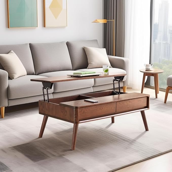 Oak Wood Lift Top Coffee Table with Storage, Mid-Century Modern Rectangle Coffee Tables for Living Room,Wooden Walnut Coffee Table for Dining,Working,Playing Games Desk