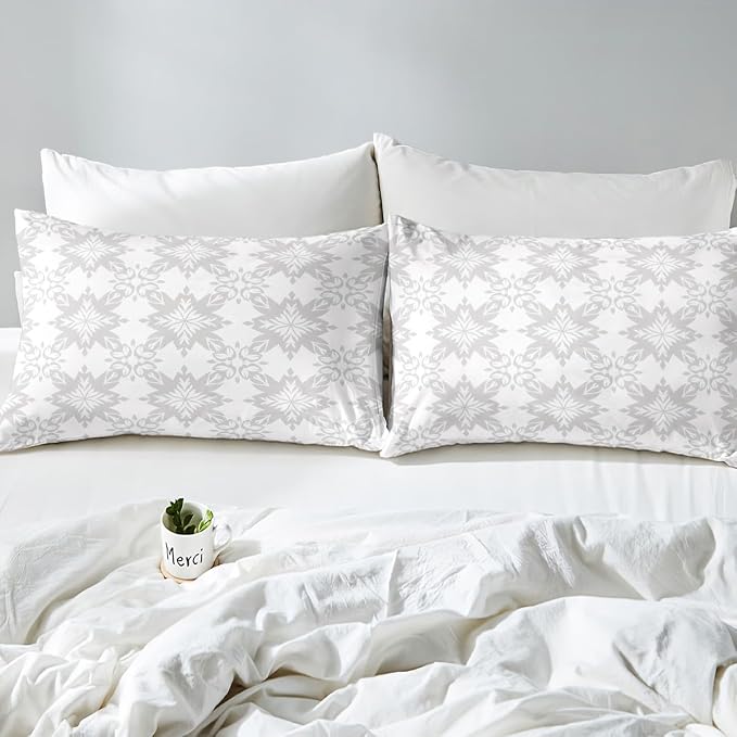 Grey Geometric Floral Duvet Cover Queen for Kids Teens Adults,Classical Damask Flower Comforter Cover,Retro Vintage Art Bedding Set,Mid Century Aesthetic Bed Set with 2 Pillowcases Bedroom Decor