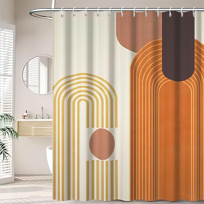 72x96 Inch Modern Bohemia Shower Curtain for Bathroom Orange Abstract Minimalist Bathroom Set Decor Stripes Arch Sun Chic Aesthetic Washable Waterproof Polyester Fabric with Hooks