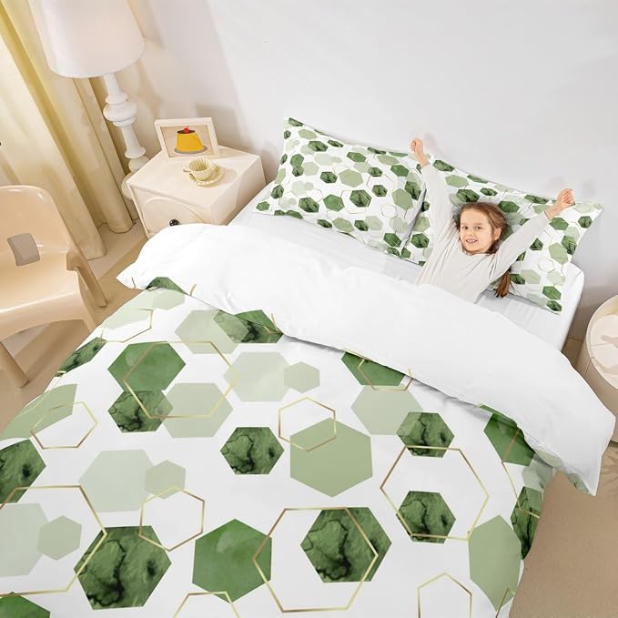 Erosebridal Sage Green Modern Duvet Cover Queen - Marble Grain Geometric Bedding Sets, Fresh Abstract Geometric Art Decor Bed Set for Boys Girls Watercolor Hexagon Bed Cover with 2 Pillowcases