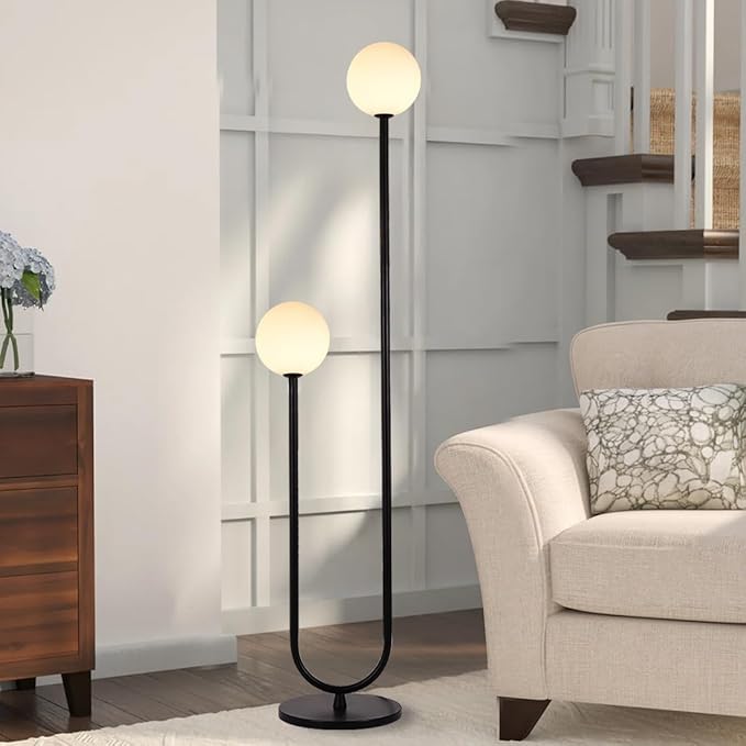 Mid Century Black U-Shape Floor Lamp 60inch Tall Globe Glass Stand Floor Light Modern Black Floor Lamp for Living Room Bedrooms Offices,Milk White Glass Lampshade,G9 Bulb