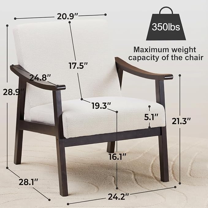 Mid-Century Modern Accent Chair, Upholstered Arm Chair Solid Wood Frame for Lounge, Living Room, Reading Room, Bedroom (Ancient White)