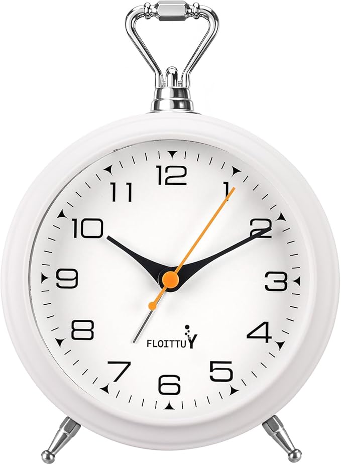 FLOITTUY 4.5" Battery Operated Antique Retro Analog Metal Alarm Clock, Silent Bedside Desk Clock, Wall-Hanging Vintage Clock(White)
