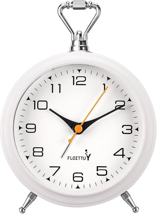 FLOITTUY 4.5" Battery Operated Antique Retro Analog Metal Alarm Clock, Silent Bedside Desk Clock, Wall-Hanging Vintage Clock(White)