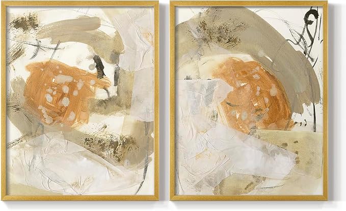 Renditions Gallery Set of 2 Peel & Stick Framed Prints, Neutral Abstract Wall Art, Earthy Tones Blended Brushstrokes Wall Decor, Re-Stickable - Ready to Hang - 8"x10" - GOLD Frame LT588