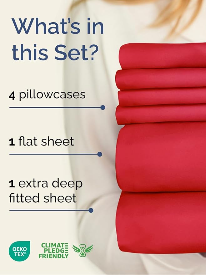 Extra Deep Cal King Sheet Set - 6 Piece Breathable and Cooling Sheets - Hotel Luxury Bedding for Women, Men, Kids & Teens - Easy & Secure Fit - Soft, Wrinkle Free and Comfy - Extra Deep Pockets - Red