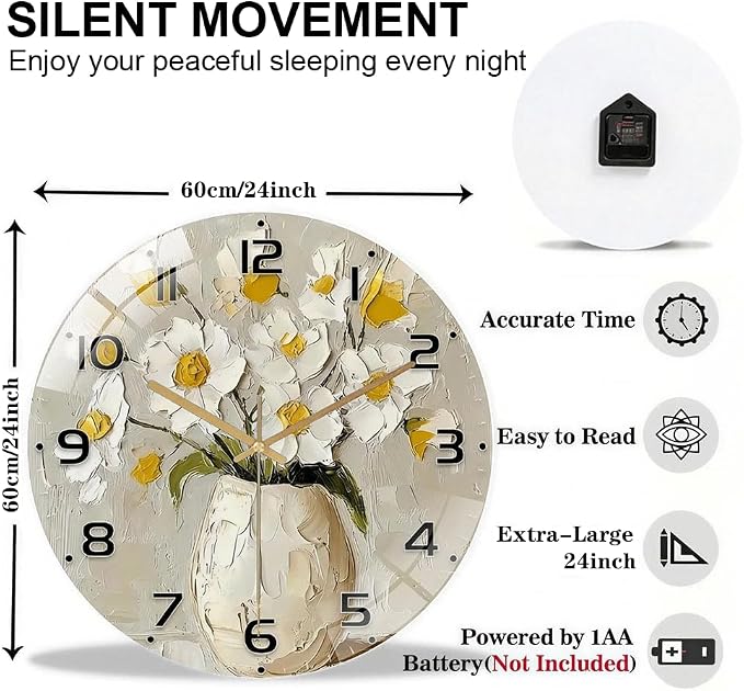 24 Inch White Floral Glass Wall Clock Silent Modern Art Decor | Silent glossy wall clock with an elegant impasto floral painting design, tracking time perfectly for your living room