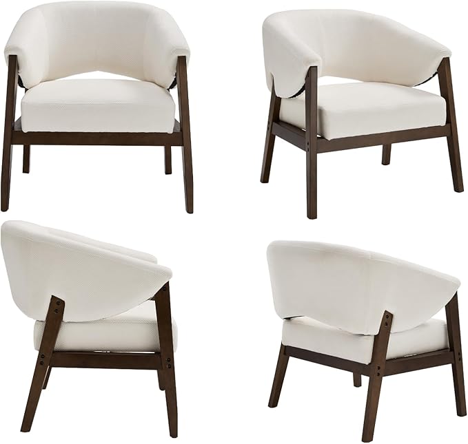 CIMOTA Mid Century Modern Barrel Accent Chairs Set of 2, Comfy Armchairs with Wide Seat, Upholstered Lounge Chairs with Walnut Wood Legs for Living Room/Bedroom/Reading Corner, Chenille, Beige