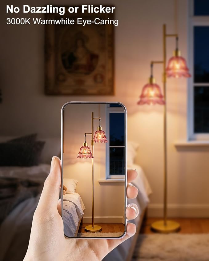 2-Light Modern Glass Floor Lamp, Gold Tall Standing Lamp with Deep Red Tulip Glass Shade for Reading, Dimmable LED Floor Lamp with 5Lbs Heavy Base for Living Room Bedroom Home Decor, Bulb Included