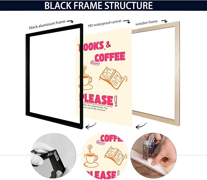 "Books & Coffee Please!" Canvas Wall Art Coffee Cup And A Book Illustrations Posters Cheerful And Casual Style Prints Modern Aesthetic For Living Room Bedroom Dorm Wall Decor 8x12in Framed