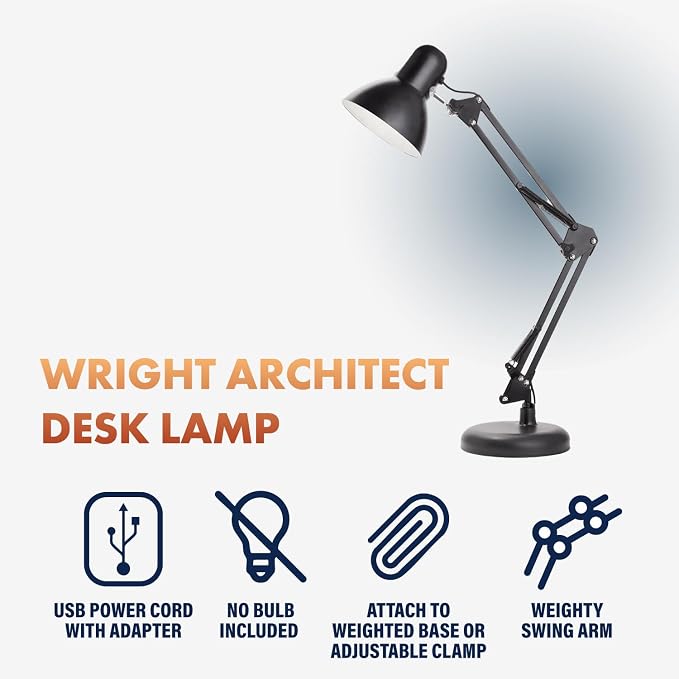 Newhouse Lighting 24-in. Wright Painted Black Metal Swing Arm Lamp with Weighted Base and Clamp NHDK-WR-BK, Tall Desk Lamp for Home Office or Home Improvement, Adjustable Office Desk Accessory
