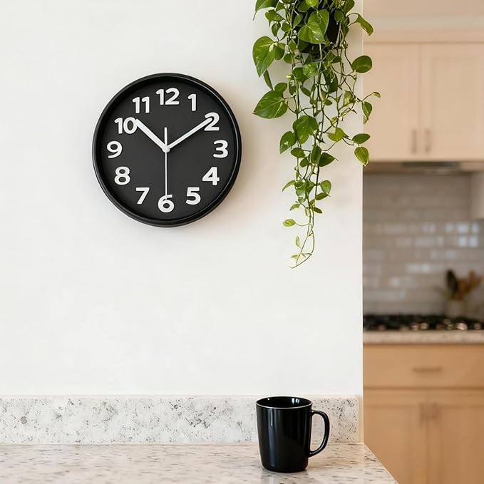 JENLYSTIME 8 Inch Black Modern Wall Clock – Silent Non-Ticking, Bold 3D Numbers, Precise Quartz Movement | Decorative Desk & Wall Clock with Stand for Home, Kitchen, Bedroom, or Office