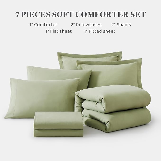 WRENSONGE Super King Comforter Set - 7 Pieces Sage Green Soft Bed in a Bag Super King with Fitted Sheet, Flat Sheet, 2 Pillow Shams, and 2 Pillowcases- Warm Bedding Sets for All Season