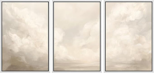 MUDECOR Framed Wall Art Print Set Neutral Cloudscape Soft Beige Abstract Sky Illustrations Modern Art Boho Decorative Colorful Chic for Living Room, Bedroom, Office - 16"x24"x3 White