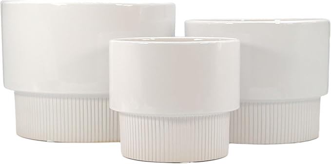 Galt International Set of 3 (8", 10", 12") Mid Century Modern Off White Flat Ribbed Ceramic Planter Pots Flower Pot Indoor House Plants Decor w/Drainage Hole & Plug
