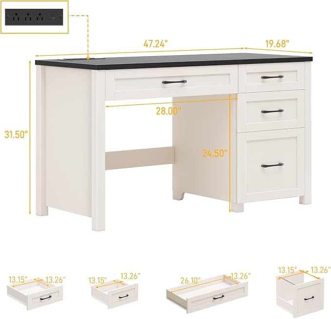 Vabches Farmhouse 47" Executive Desk, Computer Desk with File Drawer and Charging Station, Workstation for Home Office, Study,(Black).