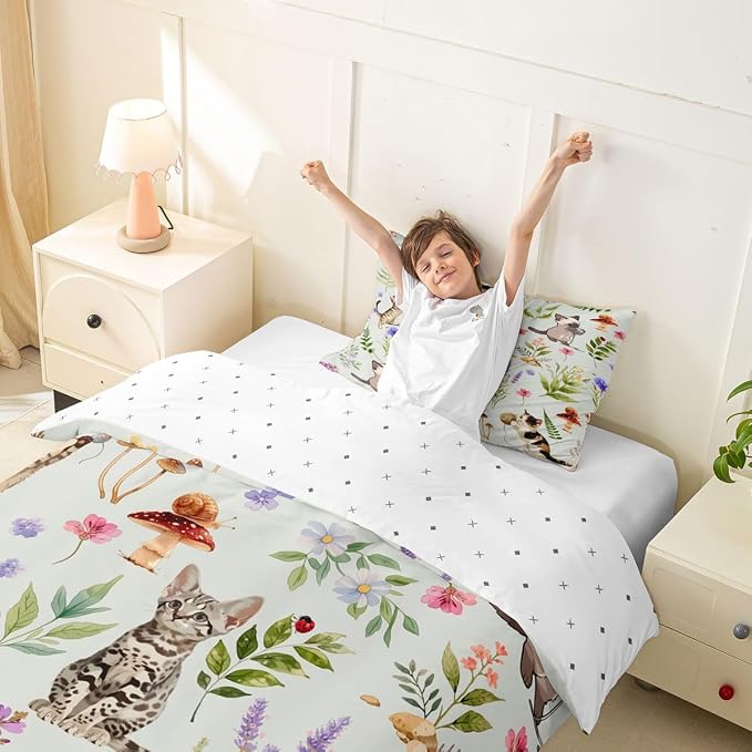 Erosebridal Cute Cat Toddler Duvet Cover Kitten Cat Lovers Bedding Set Pale Green Boho Watercolor Floral Comforter Cover for Kids Girls Boys Adults Funny Pet Animal Bed Set