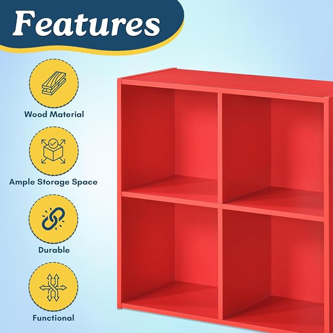 Kings Brand Furniture George 4-Cube Storage Organizer, 2-Tier Bookcase with Wood Shelves for Living Room, Bedroom, Nursery, or Home Office (Red, 1-Pack)