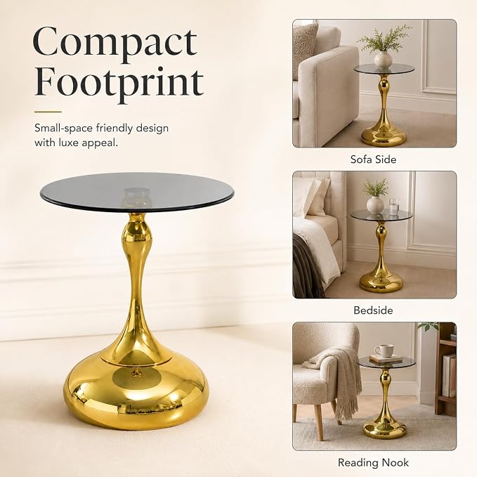 17.7 Inch Black Round Side Table for 2-4 Person, Gold Metal Pedestal Base, Small Coffee Table, End Table, Cocktail Table, Living Room, Bedroom, Office, Bistro, Modern Small Space