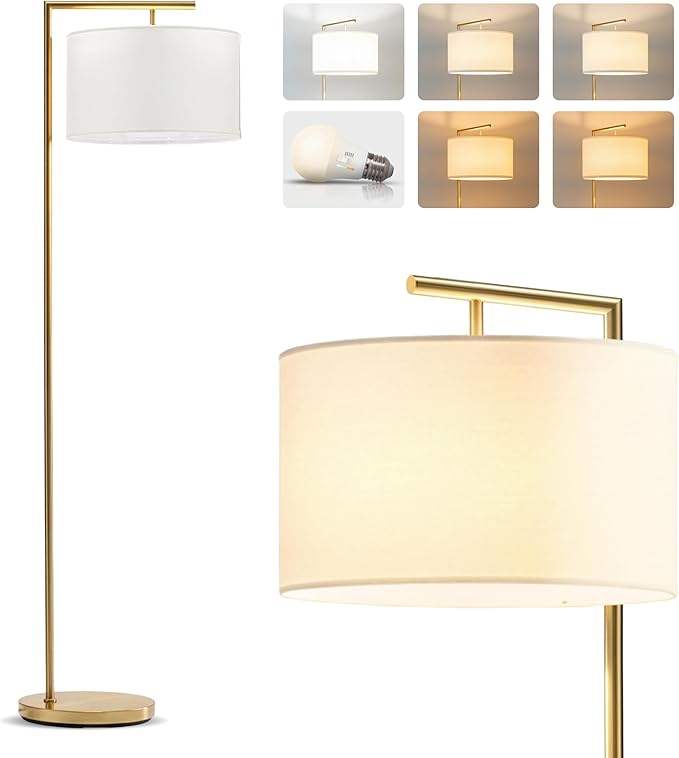 Brightech Montage Modern Floor Lamp - LED Standing Lamp with White Shade and Adjustable Color for Living Rooms & Offices - Tall Corner Bedroom Reading Light for Contemporary Home Decor - Antique Brass