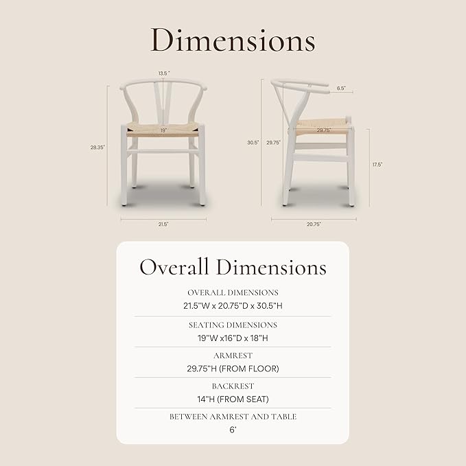 POLY & BARK Weave Dining Chair – Mid-Century Modern Wishbone Dining Chair with Arms, Solid Wood Frame, Indoor Use – White – Single - Ideal for Dining Room, Kitchen or Stylish Accent Setting